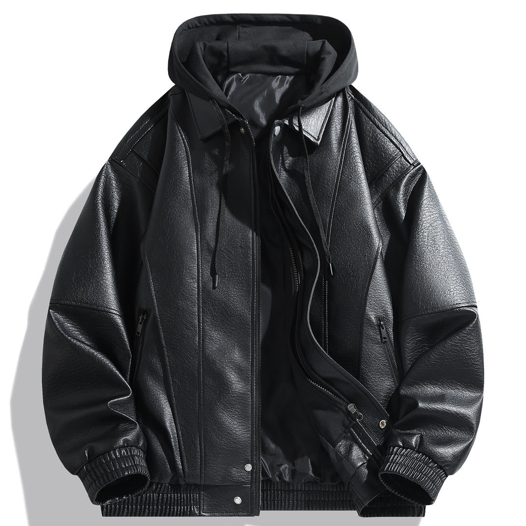 Herren Kunstlederjacke mit abnehmbarer Kapuze und funktionalen Taschen Echoarchiv