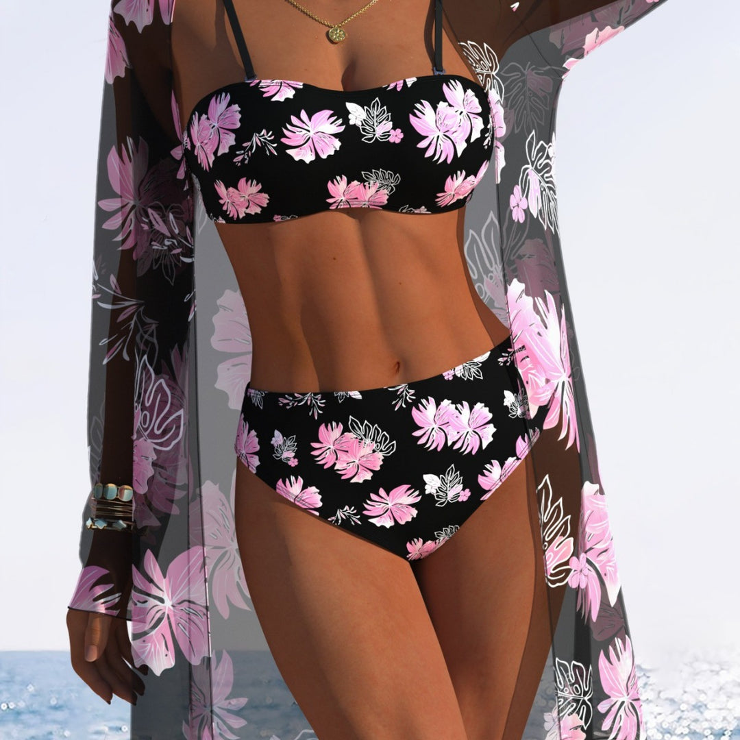 Damen Bikini-Set mit floralem Design und transparenter Strandjacke Echo Archiv