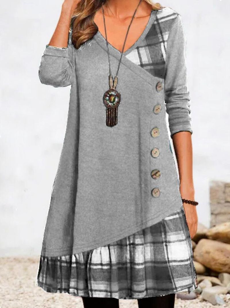Damen nan asymmetrisches V-Ausschnitt-Tunika-Kleid mit Zierknopfleiste und Animalprint-Besatz Echo Archiv