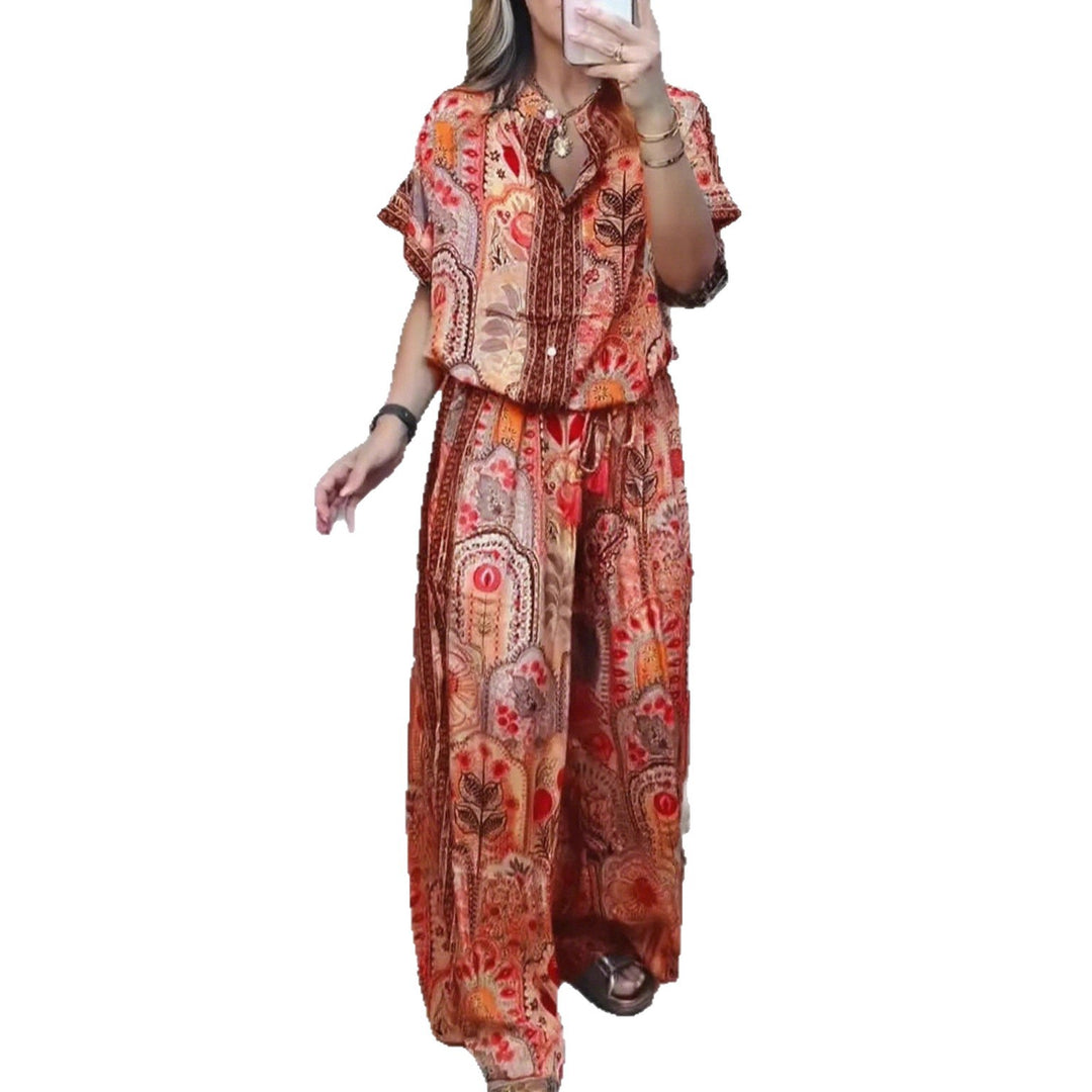 Damen nan Boho-Zweiteiler aus leichter Viskose mit Kurzarmbluse Knopfleiste Kordelbund und weitem Palazzohose Echo Archiv