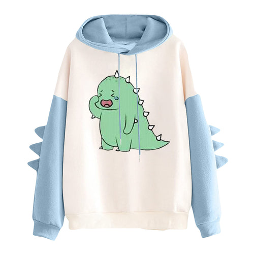 Damen Kapuzenpullover mit niedlichem Dino-Print, kontrastkapuze und dekorativen Stoffstacheln – Auréline