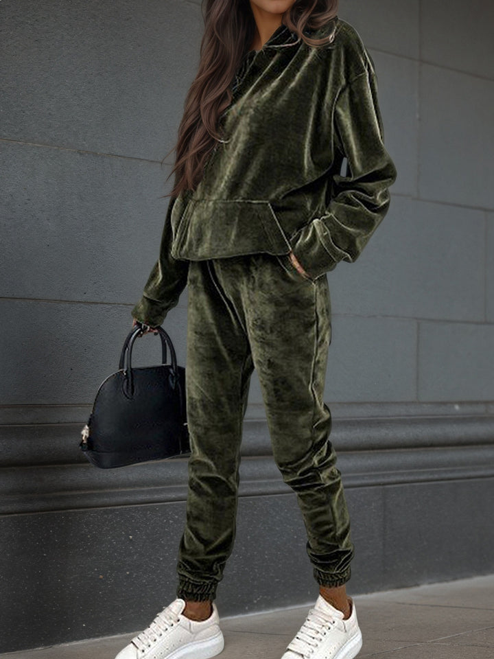 Damen Samt-Jogginganzug mit Kapuzenhoodie, Kängurutasche und elastischer Bündchenhose Echoarchiv