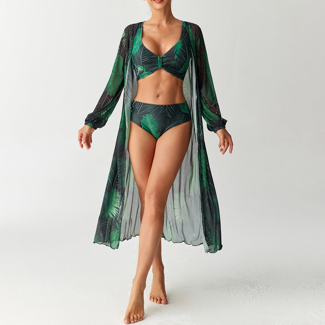 Damen Florales Strandoutfit mit transparentem Kaftan – Élanora