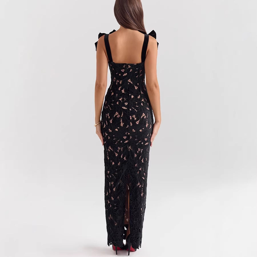 Damen nan figurbetontes bodenlanges Spitzenabendkleid in Säulenform mit Zierschleifen-Trägern Echo Archiv