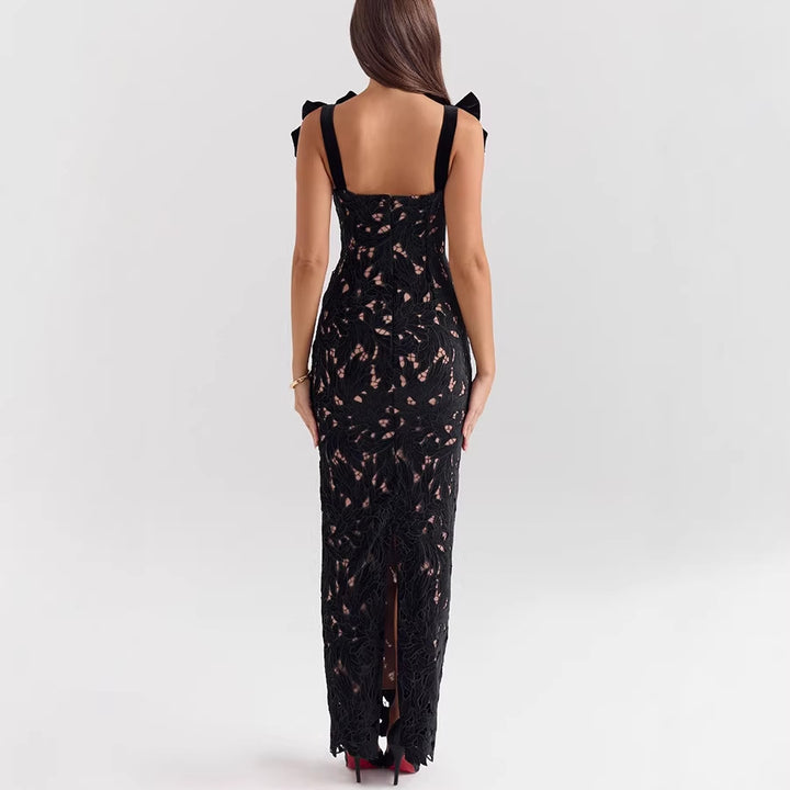 Damen nan figurbetontes bodenlanges Spitzenabendkleid in Säulenform mit Zierschleifen-Trägern Echo Archiv