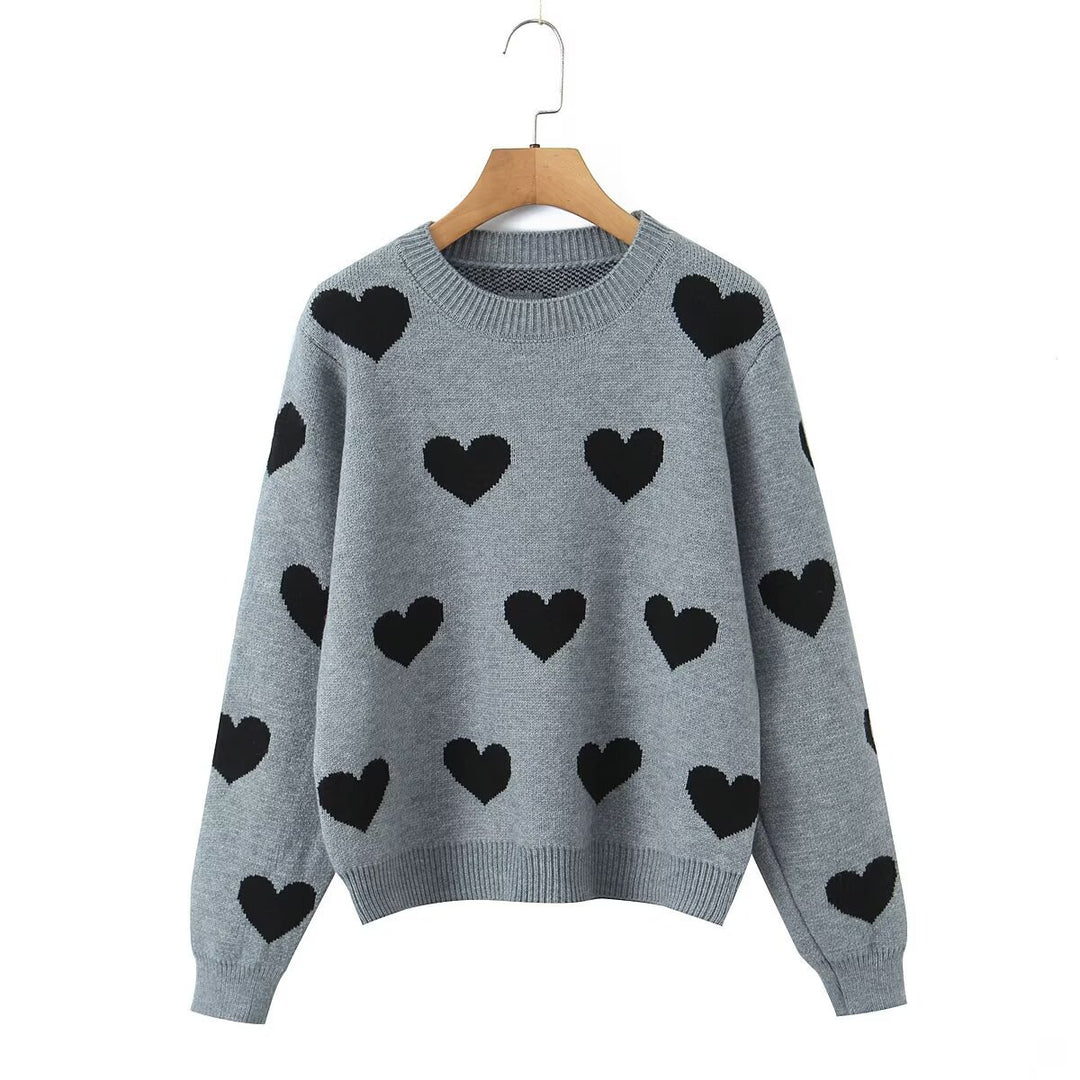 Damen Gemusterter Oversize Strickpullover mit Herzjacquard und Rundhalsausschnitt Echo Archiv
