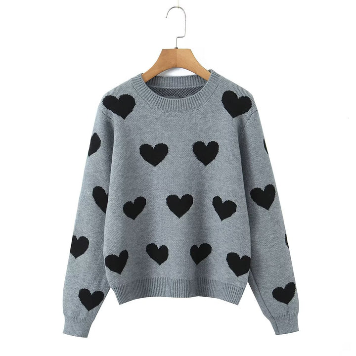 Damen Gemusterter Oversize Strickpullover mit Herzjacquard und Rundhalsausschnitt Echo Archiv