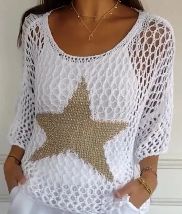 Damen nan oversized gehäkelter Pullover mit Sternapplikation und 3/4-Ärmeln Echo Archiv