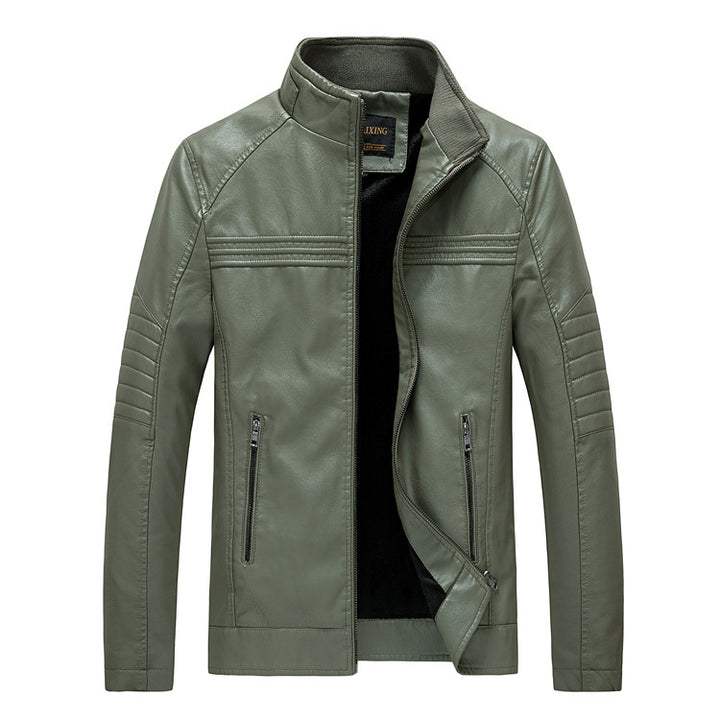 Herren Slim-Fit Kunstleder-Motojacke mit Stehkragen und gesteppter Ärmelpasse Echoarchiv