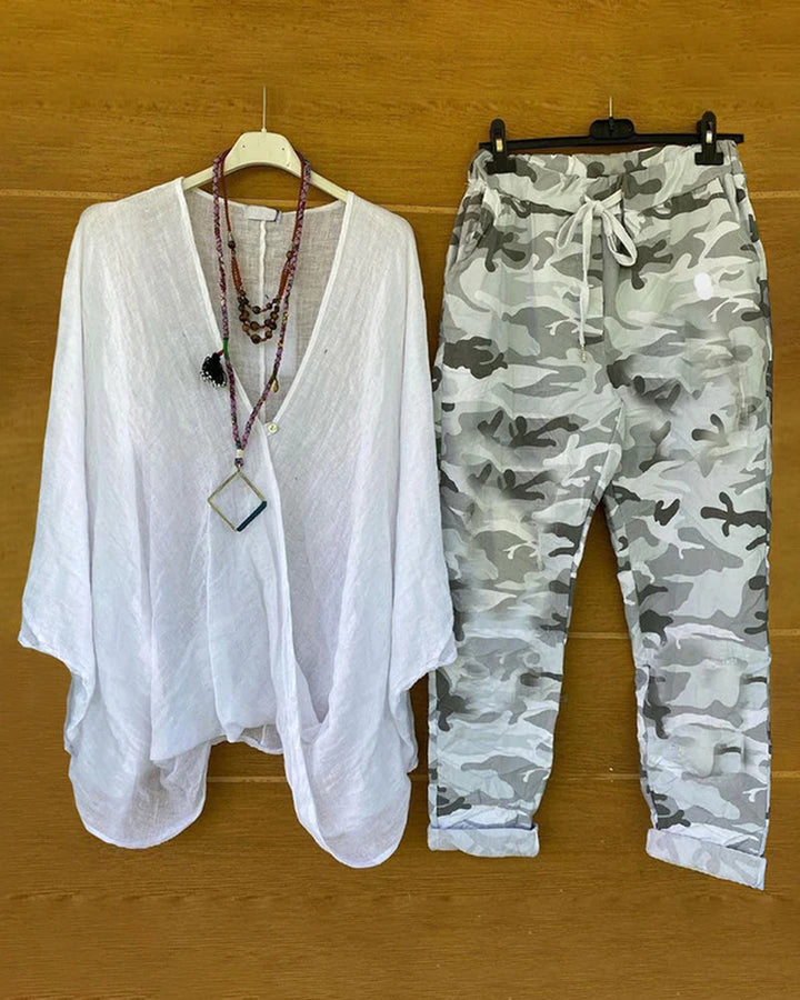 Damen nan Zweiteiler aus fließendem Kimono-Top und Camouflage-Jogginghose Echo Archiv