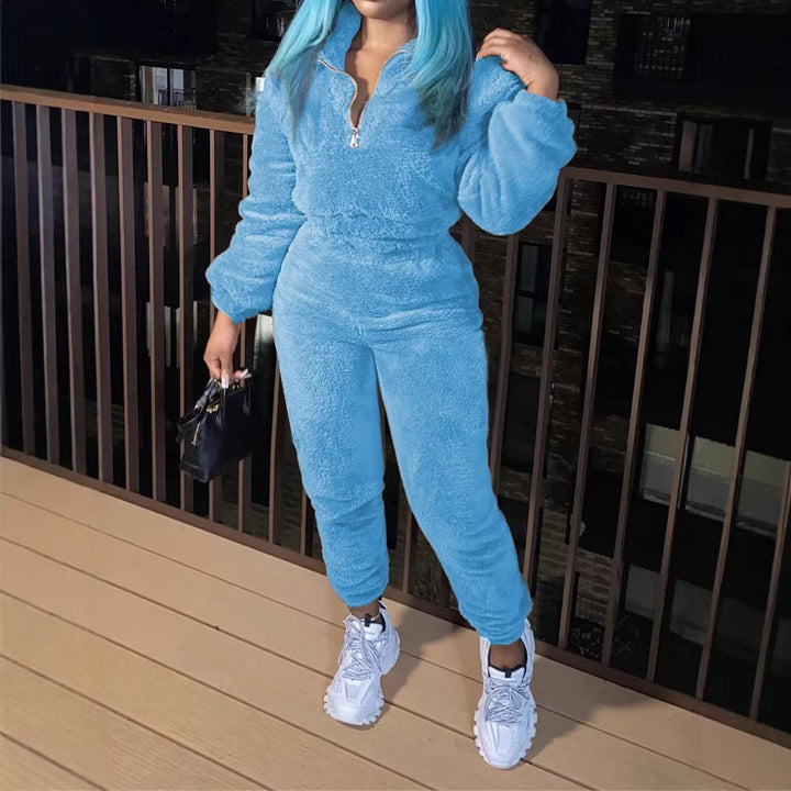 Damen nan kuscheliges Teddy-Fleece Zweiteiler mit Halbreißverschluss und High-Waist Jogginghose Echo Archiv