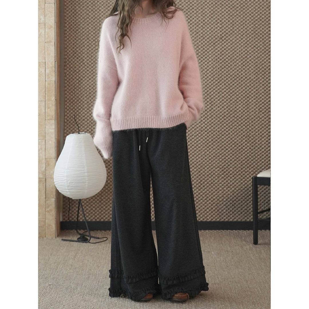Damen Weite Loungewear-Hose mit Elastbund, Tunnelzug und Volant-Detail Echoarchiv