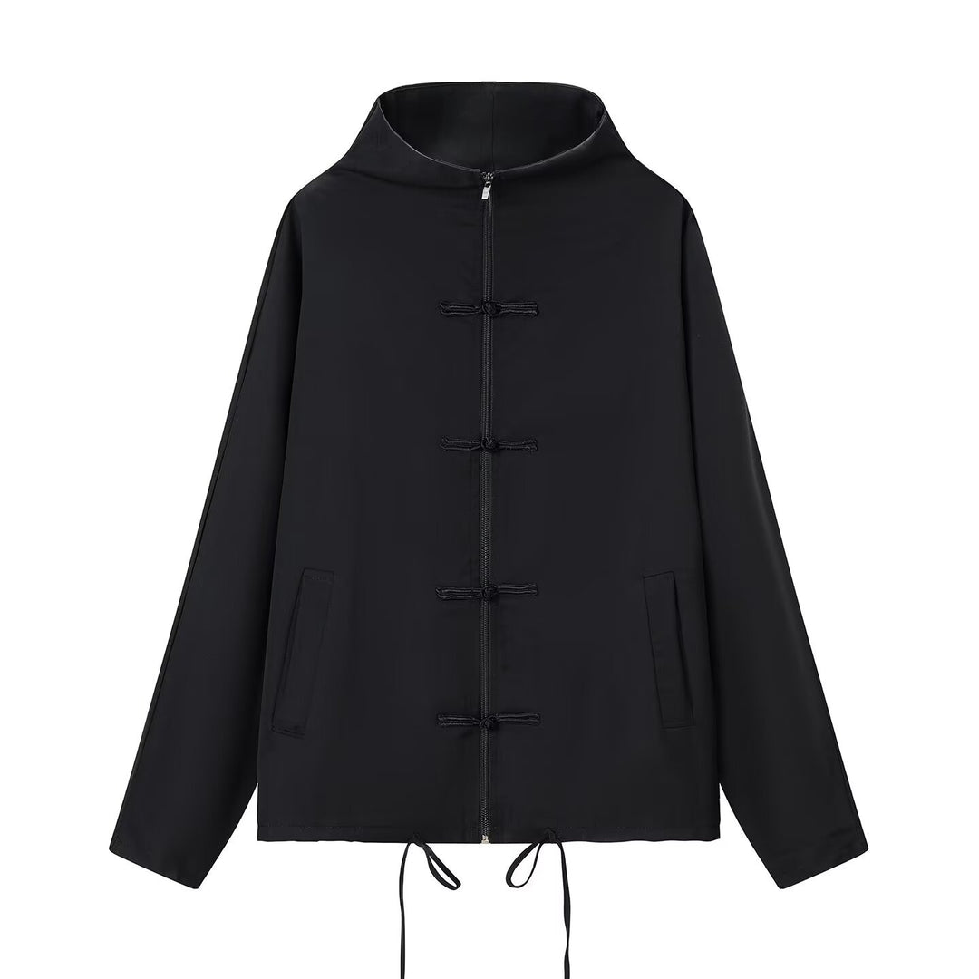 Damen leichte Boxy-Jacke mit Stehkragen, Zipper-Front, Kordelzug und dekorativen Knotenverschlüssen Echo Archiv