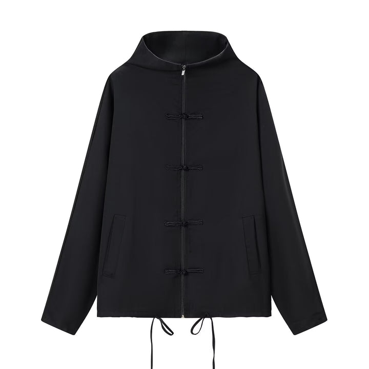 Damen leichte Boxy-Jacke mit Stehkragen, Zipper-Front, Kordelzug und dekorativen Knotenverschlüssen Echo Archiv