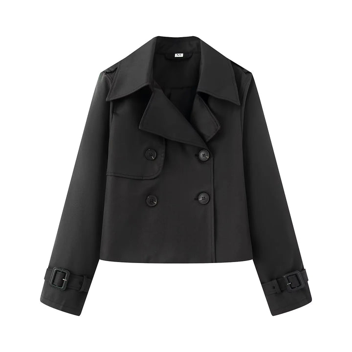 Damen kurz geschnittener Cropped Trenchcoat mit doppelreihiger Knopfleiste und verstellbaren Ärmelriemen – Montévia