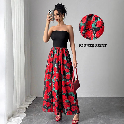 Damen nan trägerloses Maxikleid mit figurbetontem Bandeau-Oberteil und ausgestelltem Rosen-Print-Rock Echo Archiv