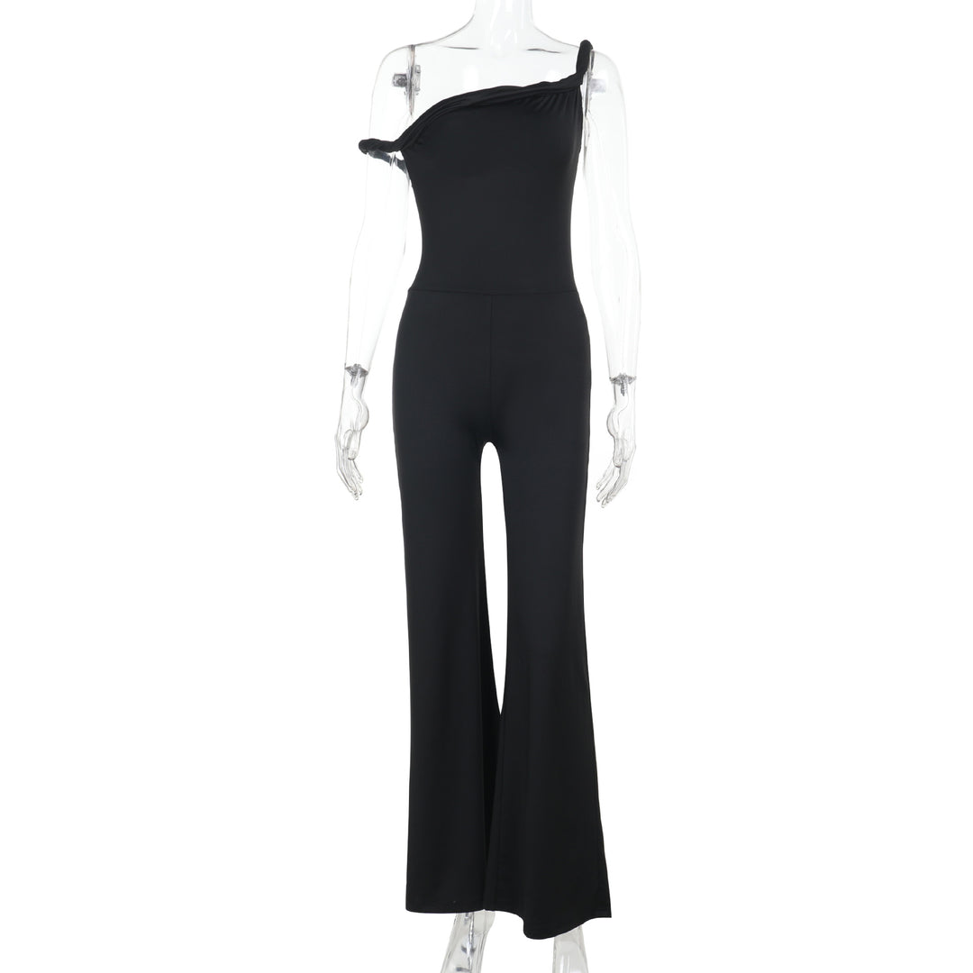 Damen schulterfreier Jumpsuit mit weitem Bein und elastischem Oberteil Echo Archiv