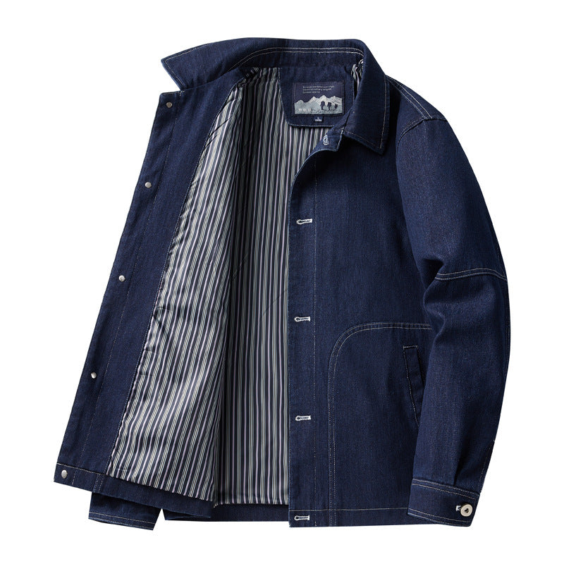 Herren Denim-Workerjacke mit geradem Schnitt, Kontrastnähten & gestreiftem Innenfutter Echoarchiv