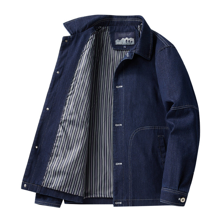 Herren Denim-Workerjacke mit geradem Schnitt, Kontrastnähten & gestreiftem Innenfutter Echoarchiv