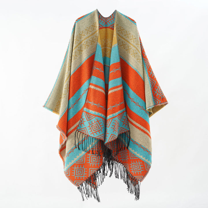 Damen Woven Jacquard-Poncho mit geometrischem Ethno-Muster und Fransensaum Echo Archiv