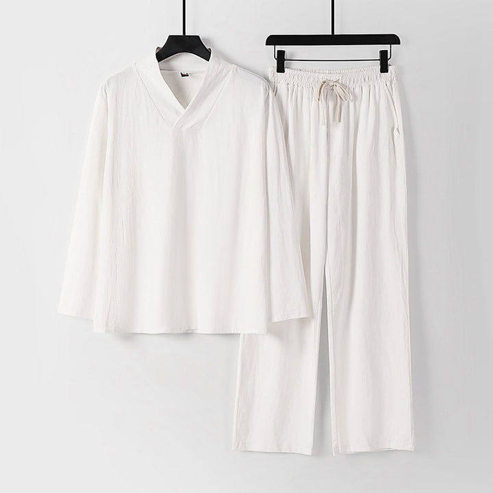 Unisex Zen-inspiriertes Leichtes Loungewear-Set mit V-Ausschnitt-Shirt und Elastischer Kordelbund-Hose Echoarchiv