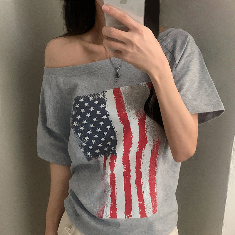 Damen lässiges T-Shirt mit amerikanischem Flaggen-Design und weichem Baumwollmaterial Echo Archiv