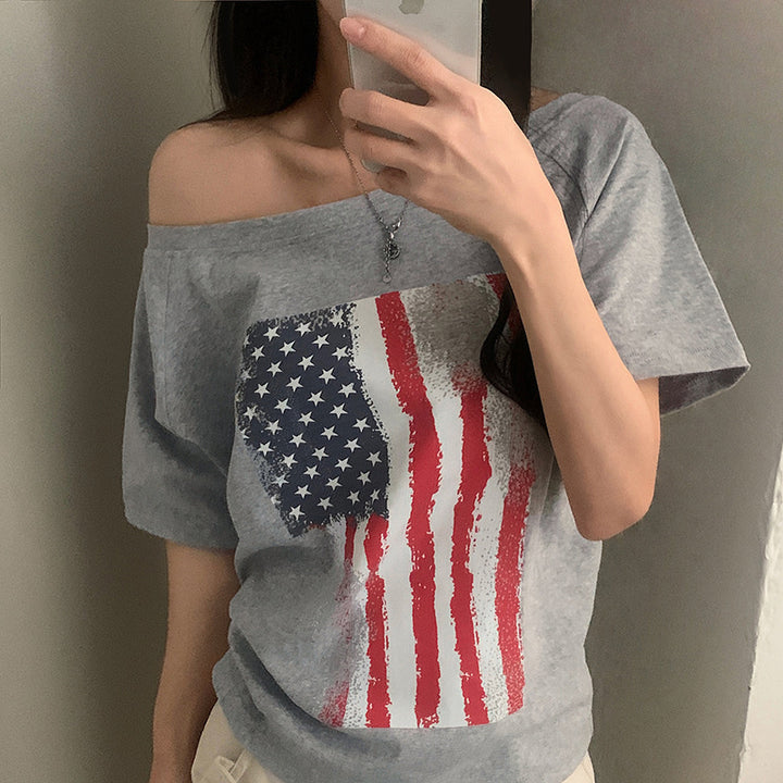 Damen lässiges T-Shirt mit amerikanischem Flaggen-Design und weichem Baumwollmaterial Echo Archiv
