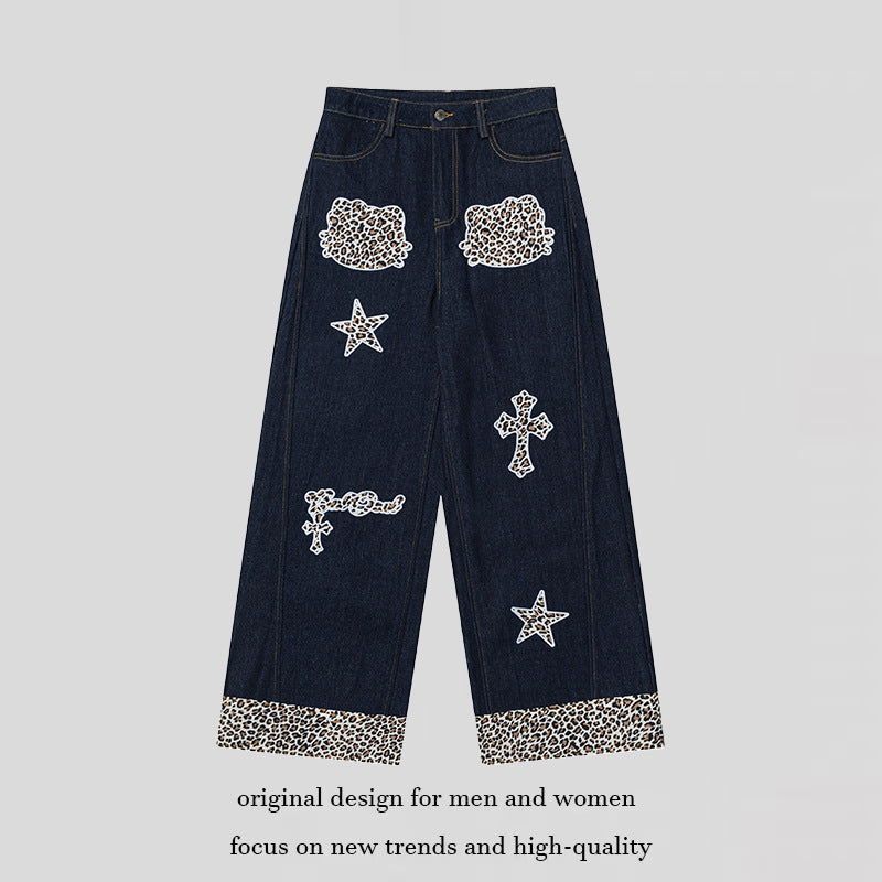 Damen Weite Highwaist Denim-Palazzohose mit Leoparden-Besatz und Applikationsstickerei Echoarchiv