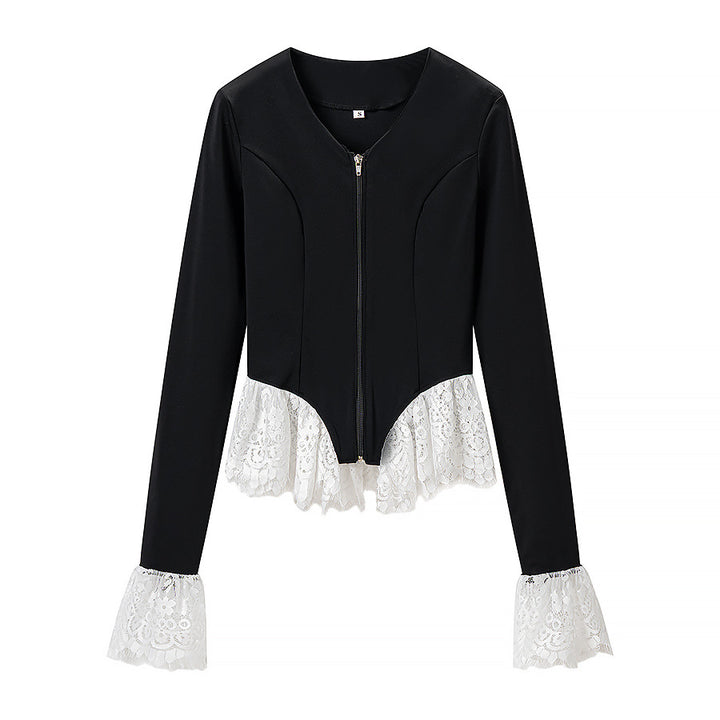 Damen Taillierte Zip‑Jacke mit Spitzenvolant am Saum und Ärmelabschluss Echo Archiv