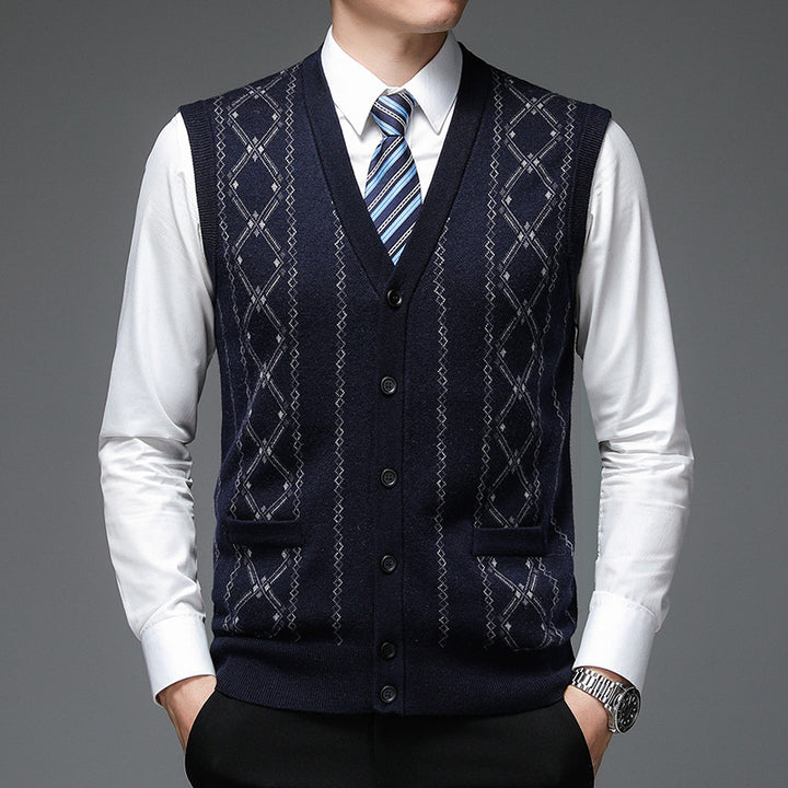 Herren elegante Strickweste mit Rautenmuster und Schalkragen Echoarchiv