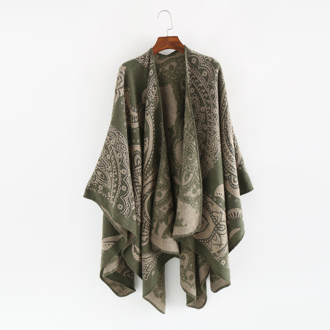 Damen Jacquard-Wollcape mit Paisley-Muster und offenem Überwurf – Avérine