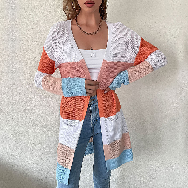 Damen Longline Feinstrick-Cardigan mit bunten Blockstreifen und seitlichen Eingrifftaschen Echoarchiv