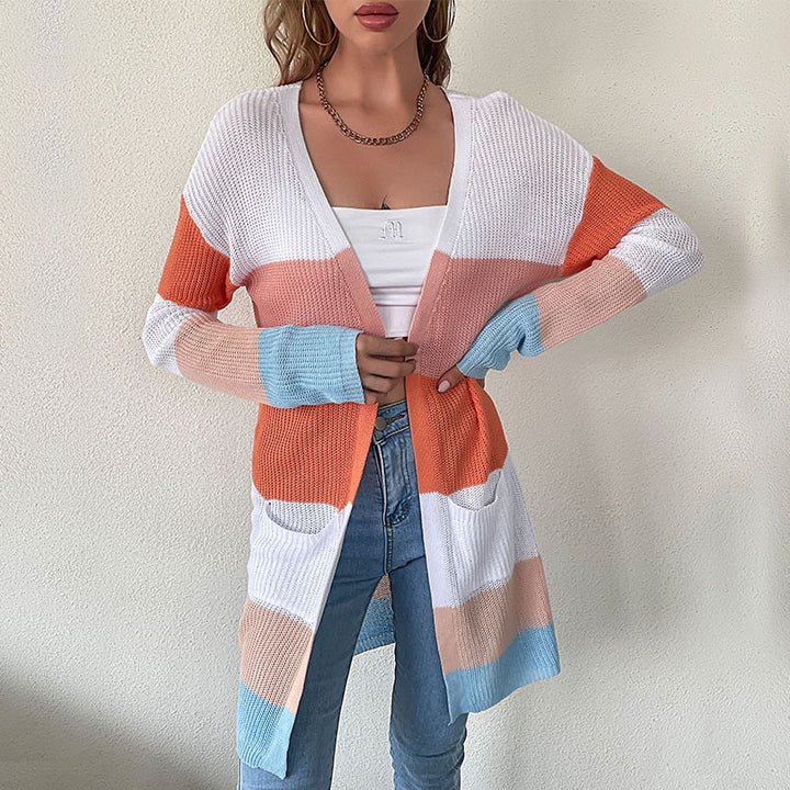 Damen Longline Feinstrick-Cardigan mit bunten Blockstreifen und seitlichen Eingrifftaschen Echoarchiv