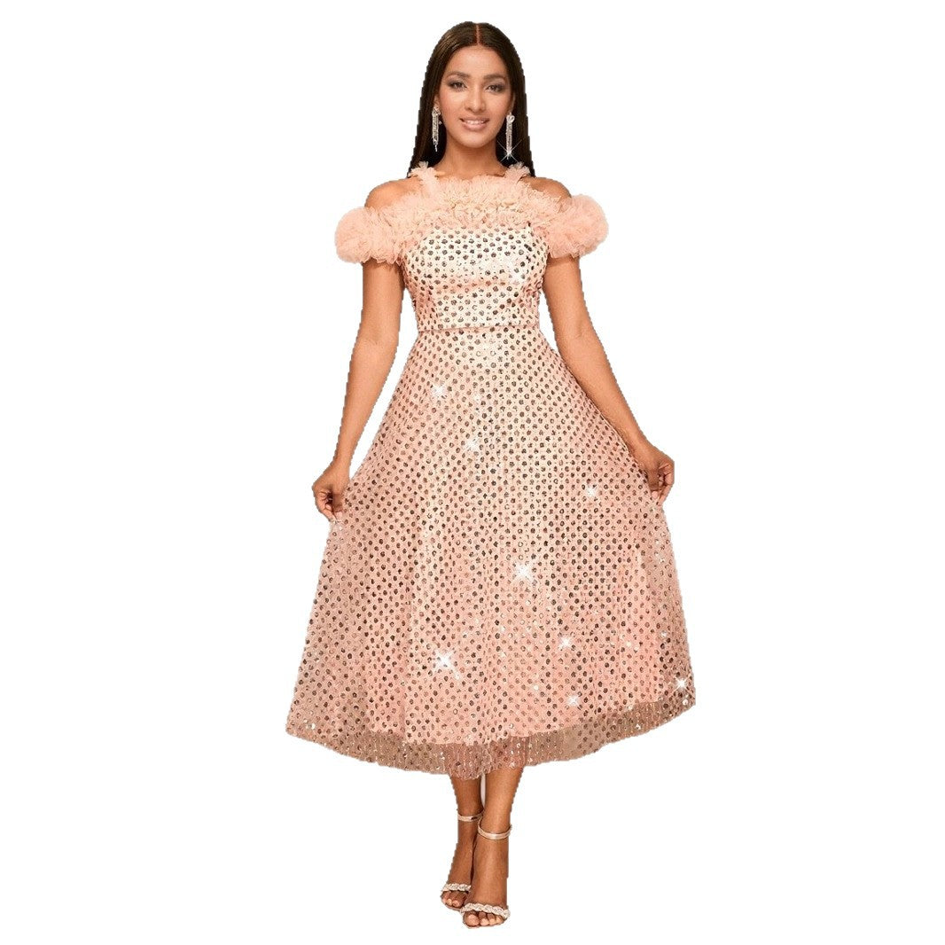 Damen Festliches Abendkleid mit voluminösen Rüschendetails und zartem Glitzer Echo Archiv