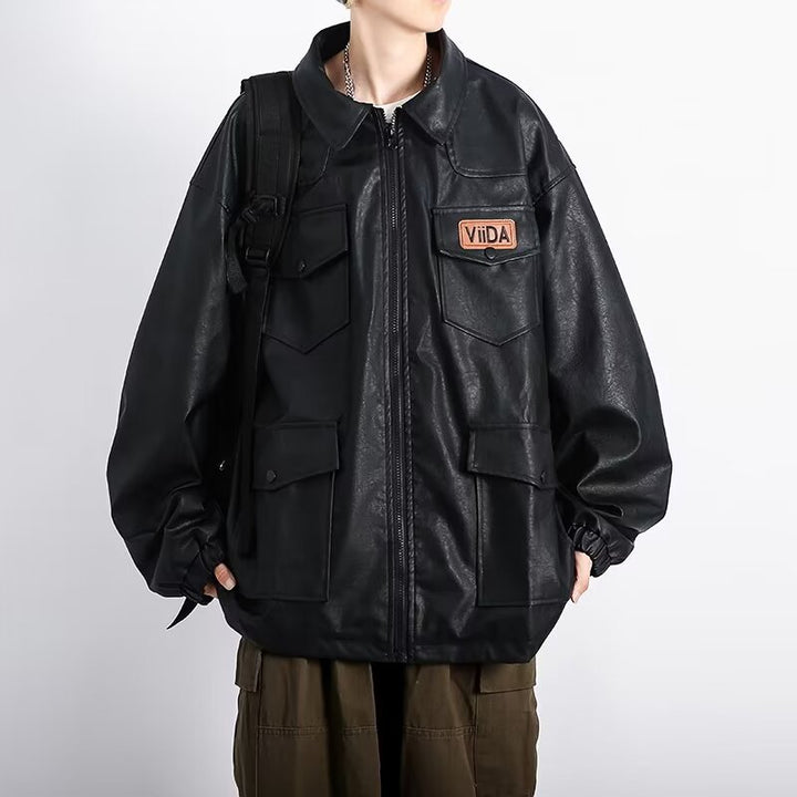 Unisex Oversized Utility Lederimitat Jacke mit Mehreren Klappentaschen Echoarchiv