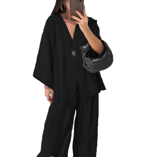 Damen nan lockeres Leinenoptik-Zweiteiler mit Kimono-Blazer und weitem Palazzo-Hose Echo Archiv