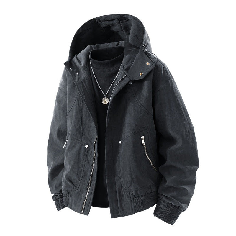 Herren leichte Utility-Hoodie-Jacke mit verstaubarer Kapuze, wasserabweisender Beschichtung, Reißverschluss-Taschen und elastischen Bündchen – Cavarno