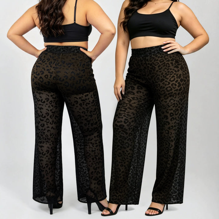 Damen Hochtaillierte weit geschnittene Chiffon-Hose mit Leopardmuster und Bauchkontrolle echoarchiv-