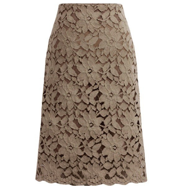 Damen nan knielanger A-Linien Spitzenrock mit floraler Applikationsspitze, hoher Taille und gewelltem Saum Echo Archiv