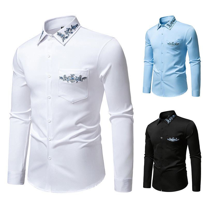 Herren Langarmhemd mit floralem Stickdesign Echoarchiv