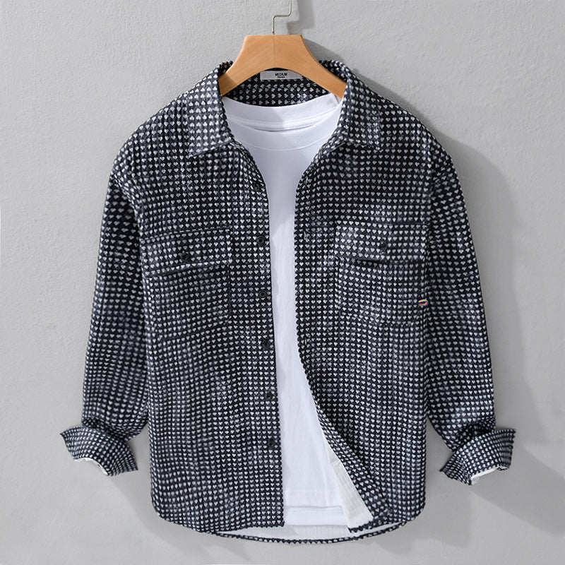 Herren Hemdjacke-Overshirt aus Baumwollmix mit Miniherz-Alloverprint und Brusttaschen Echoarchiv