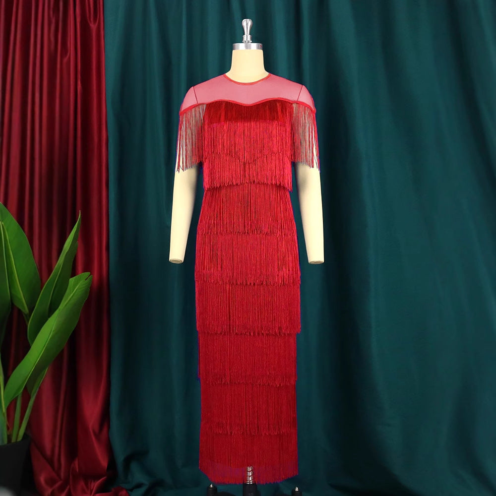 Damen Fransen Maxikleid mit halber Transparenz Echo Archiv