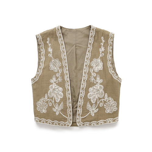 Damen Ärmellose Leinenweste mit floraler Reliefstickerei und offener Front Echoarchiv
