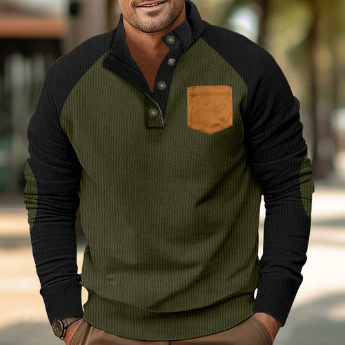 Herren Geripptes Henley‑Pullover mit Raglanärmeln, Ellenbogen‑Patches & Brusttasche – Cavarno