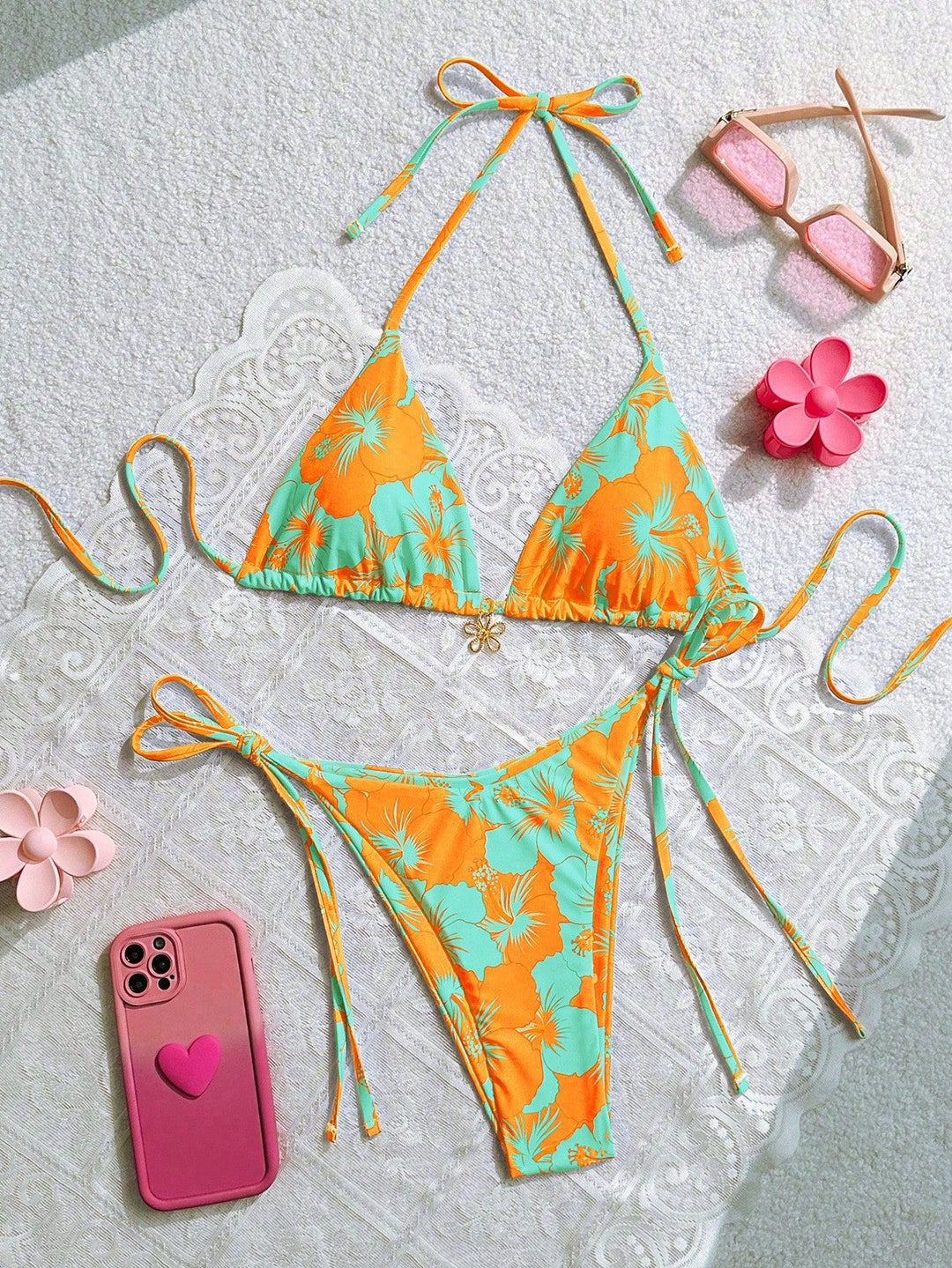 Damen Triangel-Bikini mit floralen Akzenten und raffinierten Bindebändern Echo Archiv