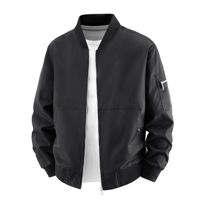 Men's minimalist zip-front bomber jacket with concealed welt pockets and sleeve utility pocket – Brevano