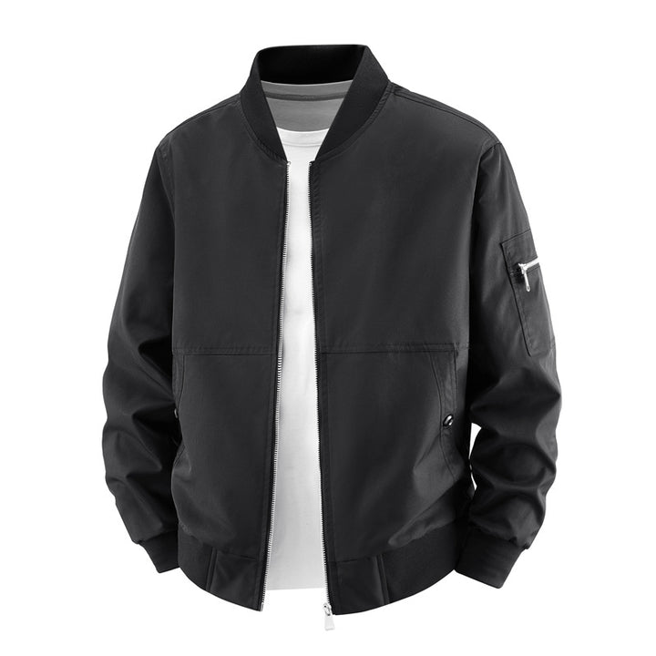 Men's minimalist zip-front bomber jacket with concealed welt pockets and sleeve utility pocket – Brevano