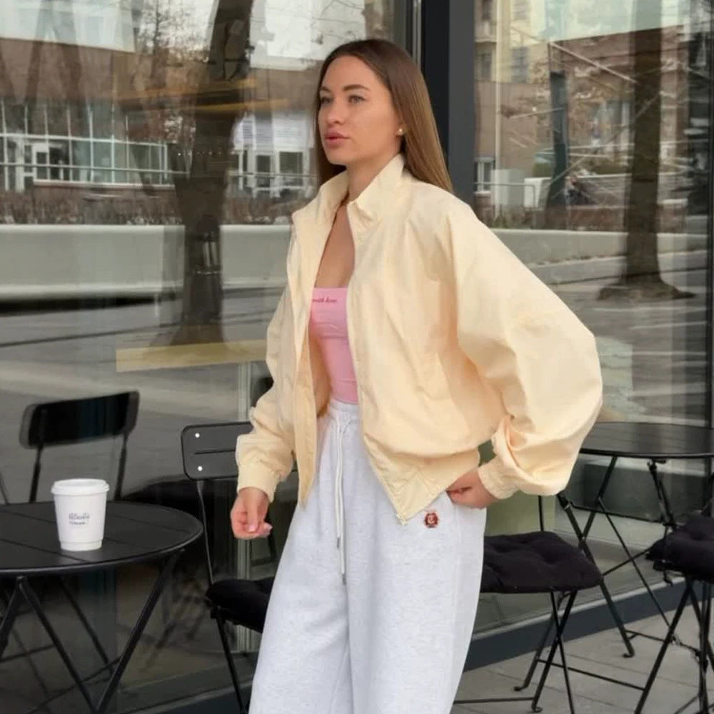 Damen Oversize Cropped Bomberjacke mit Stehkragen und Reißverschluss Echoarchiv