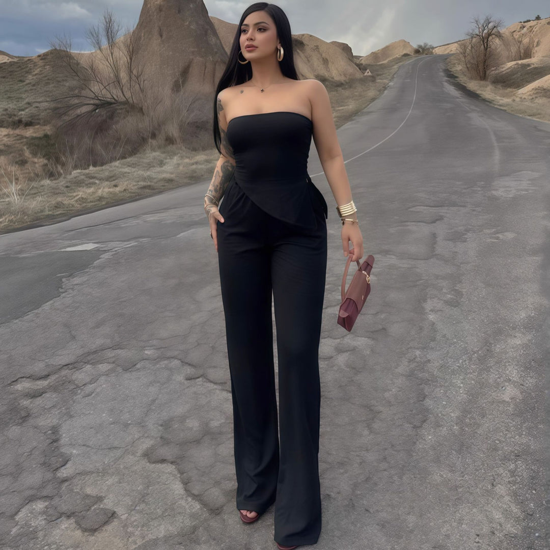Damen eleganter Jumpsuit mit schulterfreiem Design und asymmetrischem Saum Echo Archiv