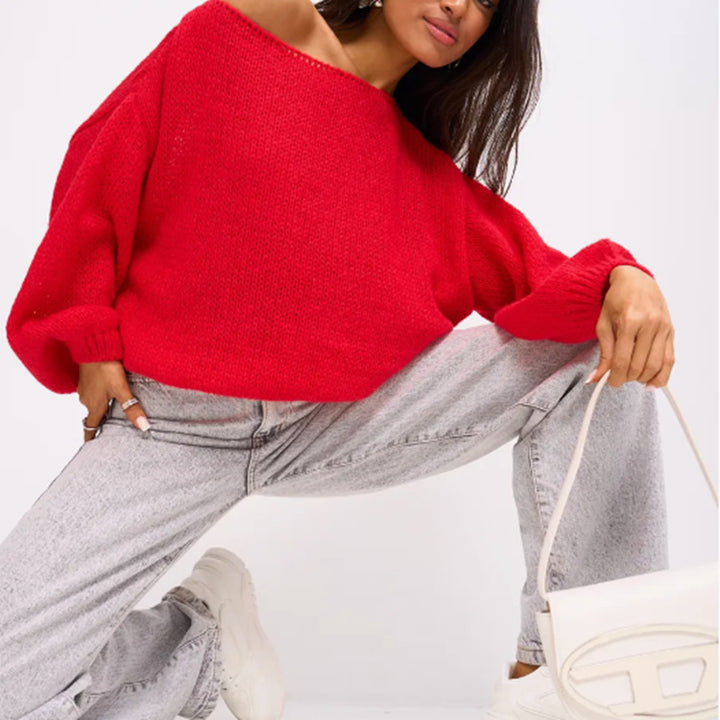 Damen Schulterfreier Mohair‑Optik Oversize-Pullover mit überschnittener Passform und kurzem Saum – Mavelle